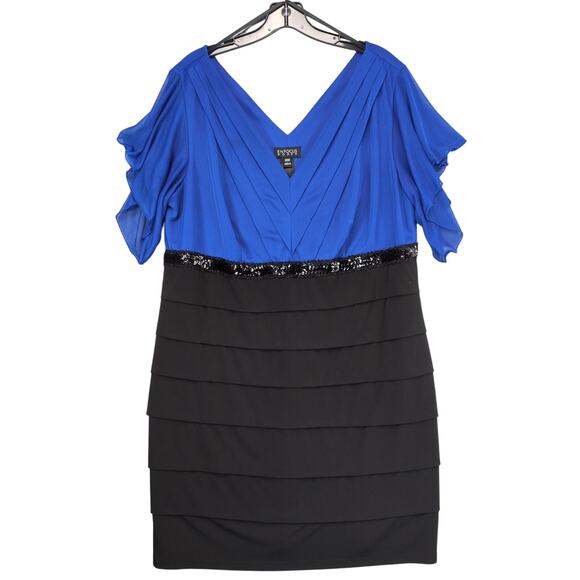 Enfocus Women's 20W Blue & Black Cocktail Dress, Flutter Sleeve, Plunge V Sequin - Picture 1 of 6